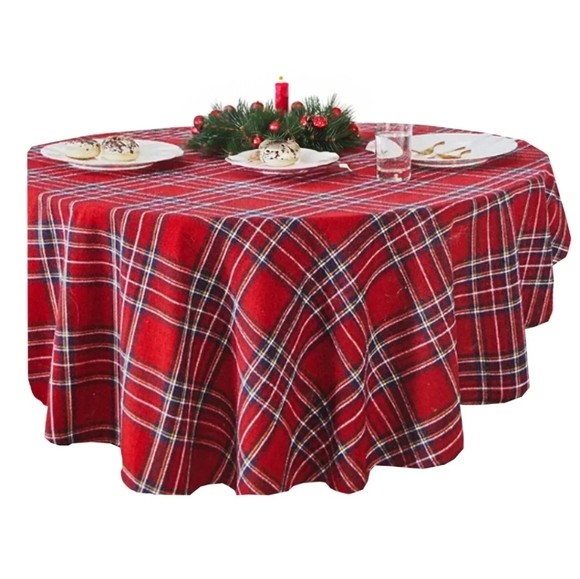 Christmas Santa Workshop Plaid Tablecloth 52 x 70 Rectangle Red Blue Yellow - Picture 3 of 8